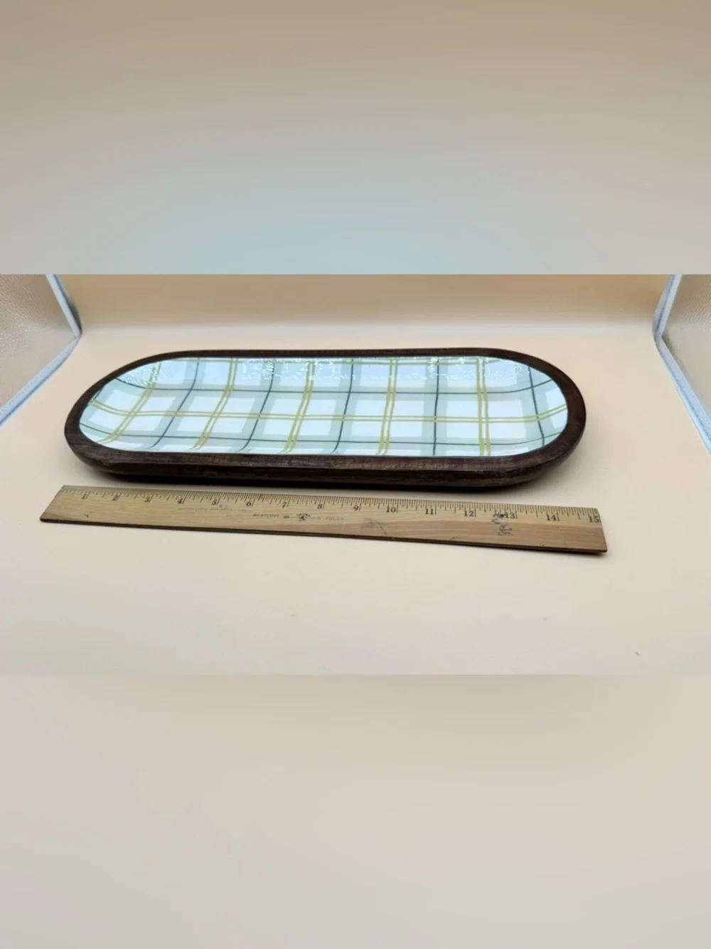 Dolly Parton Plaid Ceramic Dish with Dark Wood Tray - White, Green, Yellow